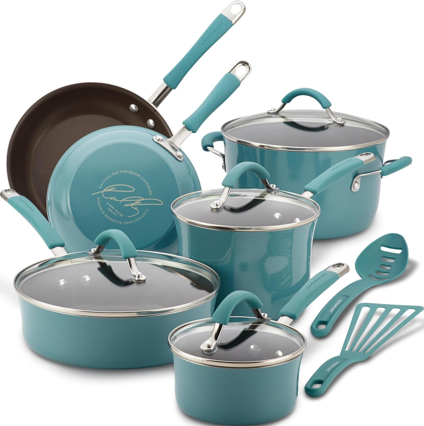 Rachael Ray Cucina Nonstick Cookware, Pumpkin Orange Pots and Pans Set, 12-Piece