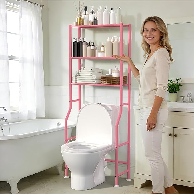 3-Tier Over The Toilet Storage, Freestanding Metal Bathroom Shelves, Space Saver Above The Over Toilet Storage Shelf for Bathroom (Pink)