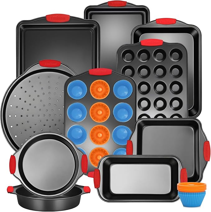 Ymiton Baking Pans Set with Silicone Handles, 34 PCS Nonstick Bakeware Sets, Oven Pan Set Includes Baking Tray, Cookie Sheet, Cake Pans, Loaf Pan, Muffin Pan, Pizza Pan