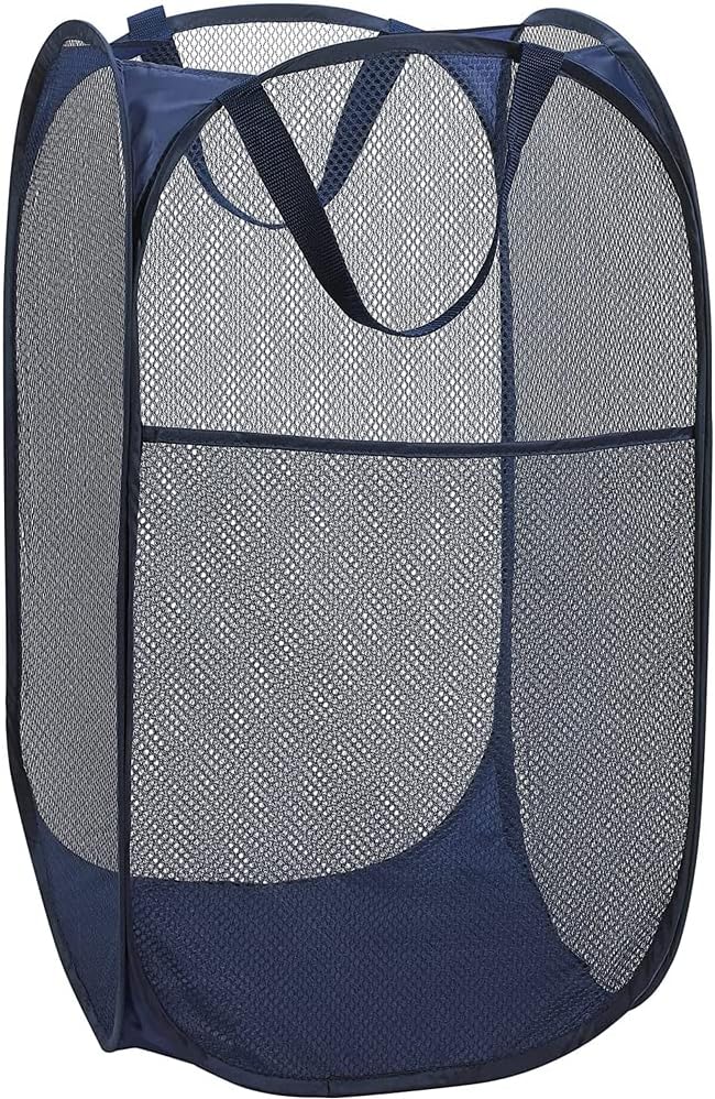 BATTOO Deluxe Strong Mesh Pop up Laundry Hamper Basket with Side Pocket for Laundry Room, Bathroom, Kids Room, College Dorm or Travel Navy Blue