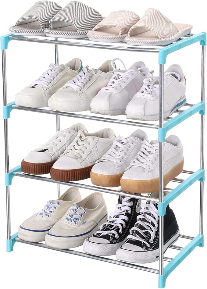 Stackable Small Shoe Rack, Entryway, Hallway and Closet Space Saving Storage and Organization (4-Tier, Blue)