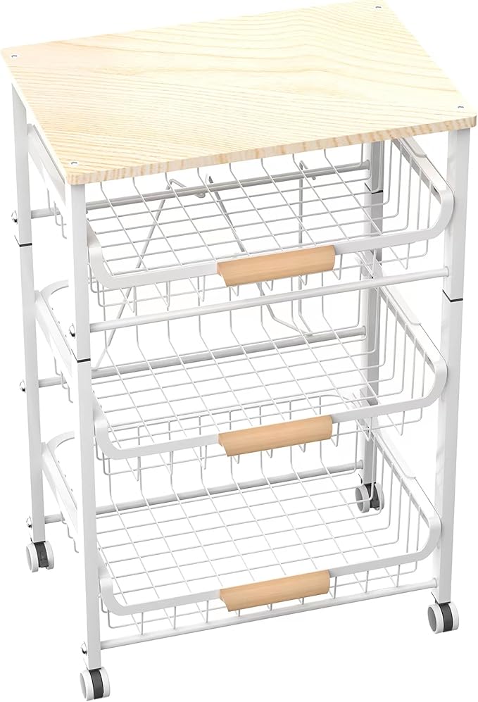 NiuYichee 3-layer Kitchen Fruit Storage Basket Snack Rack, Countertop & Desktop Pull-out Metal Basket with Handle, Organizers