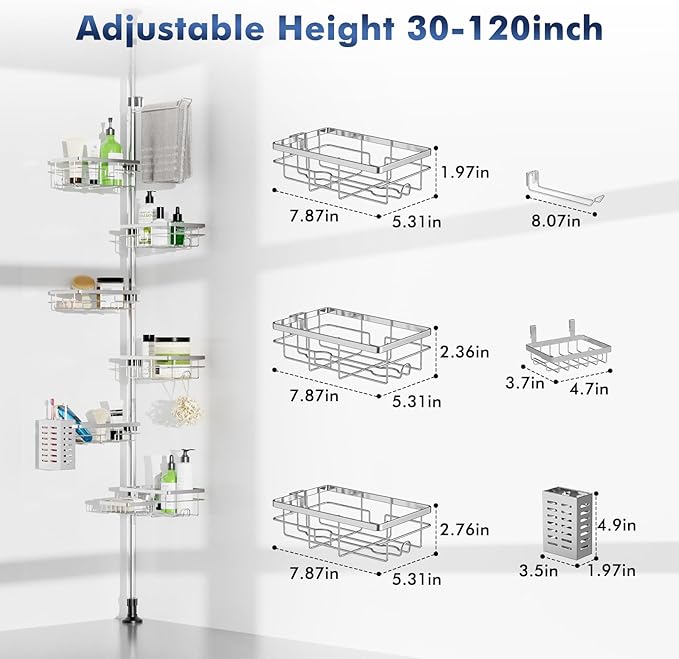 Shower Caddy Corner Tension Pole, Stainless Steel Rustproof 6 Shelves Bathroom Organizer with Towel Bar & Toothbrush Holder, Adjustable Shower Shelf for Renters - Family Stand Storage Rack
