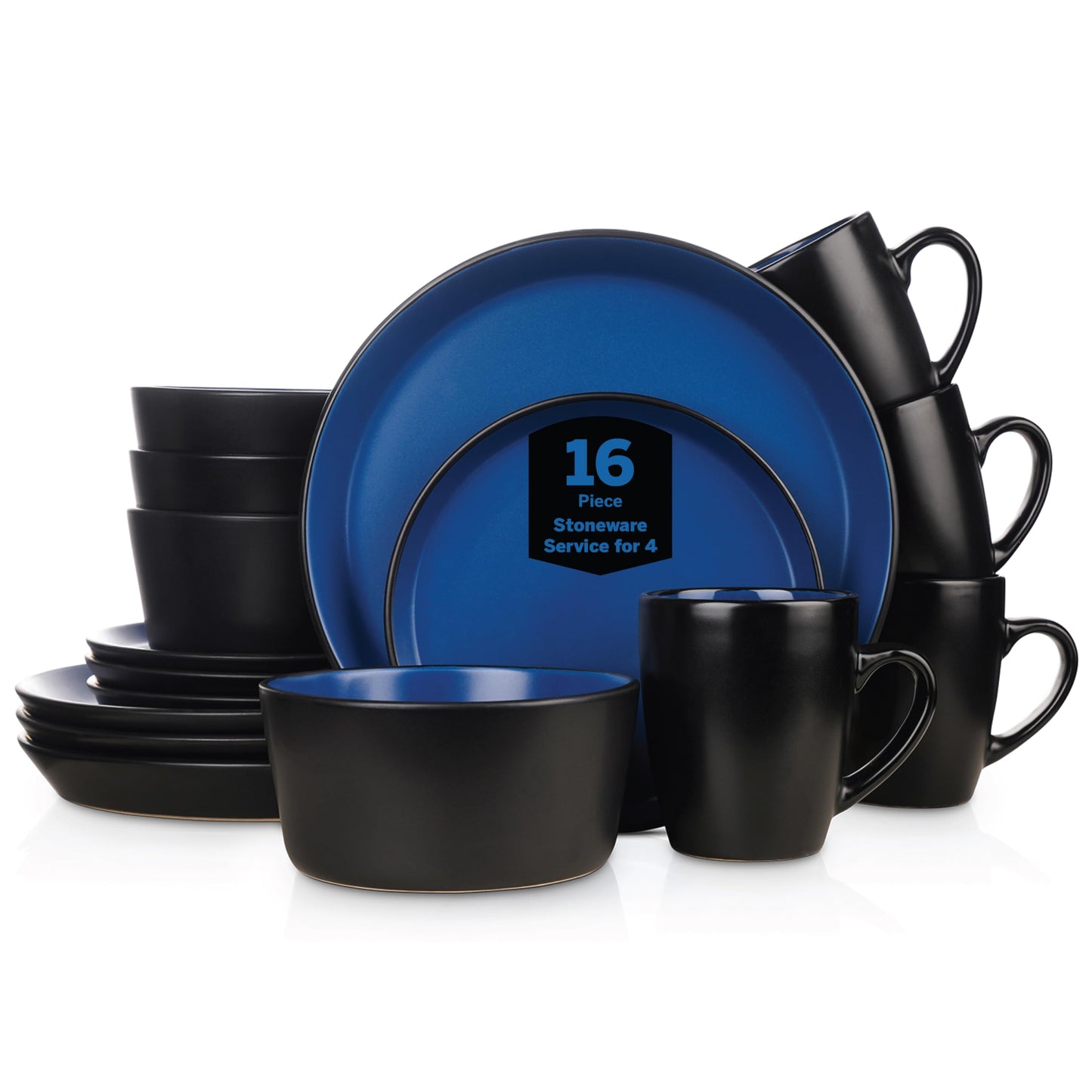 Stone Lain Albie Stoneware 32-Piece Modern Dinnerware Set, Kitchen Plates and Bowls Sets, Service for 8, Blue and Black, Microwave & Dishwasher Safe