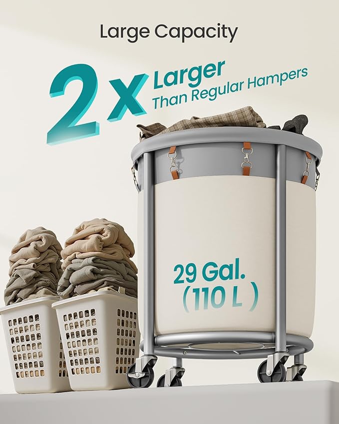 SONGMICS 29-Gallon (110 L) Laundry Basket with Wheels, Rolling Round Heavy-Duty Laundry Hamper Cart with Steel Frame and Removable Bag, 2 Locking Wheels, Dove Gray and Cream White URLS002GD02