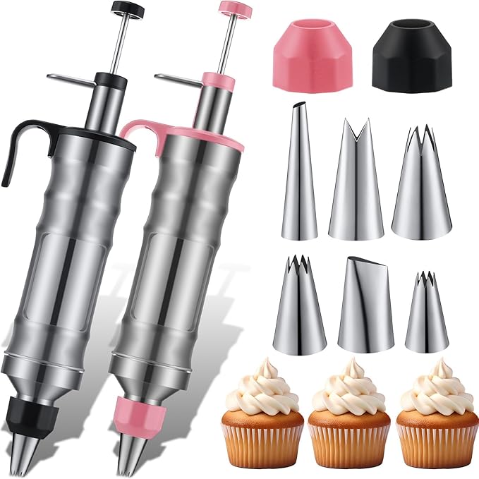 Uiifan 2 Sets Icing Decoration Gun Kit Cake Decorating Kit, Pink, Black