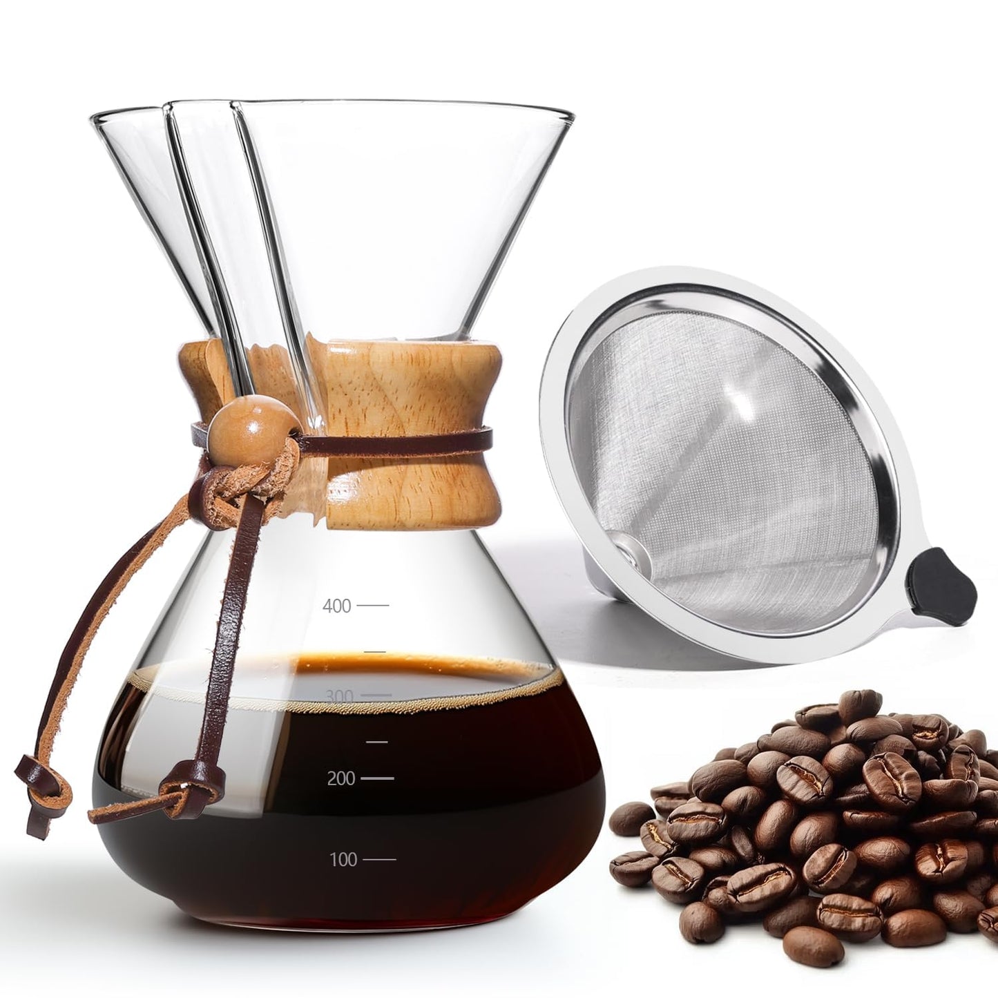 Yopinmall Pour Over Coffee Maker 20 OZ, 6 Cup Borosilicate Glass Drip Coffee Maker with Reusable Stainless Steel Filter and Cork Grip for Home Café 600 ML