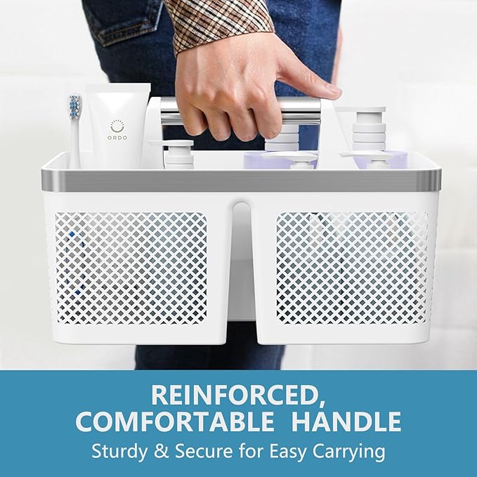 Plastic Shower Caddy Dorm: Portable Bathroom Caddy Organizer with Handle and Holes, Cleaning Basket, Hard Shower Basket Storage Tote for Toiletry, College Dorm Room Essentials White/Silver