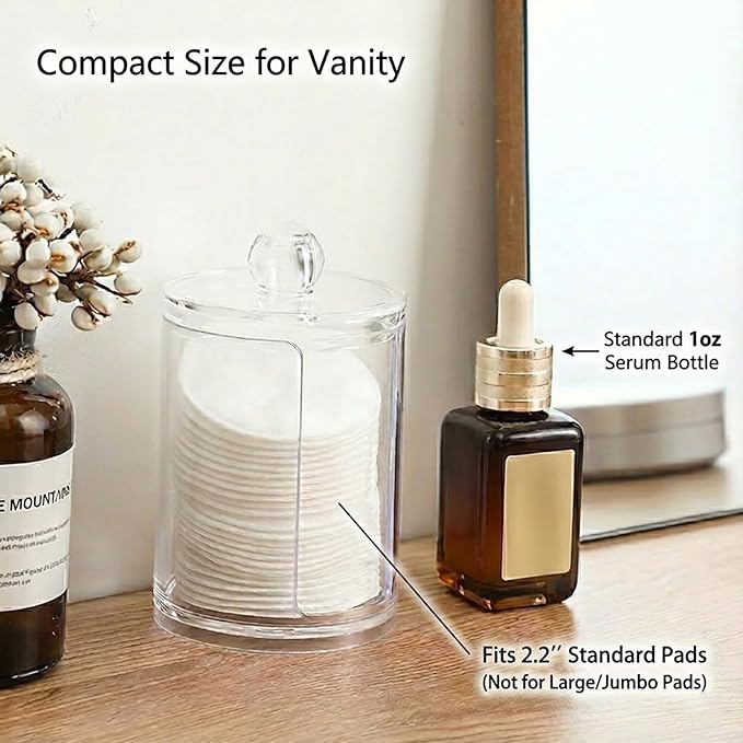 10oz Cotton Round Holder with Lid, Clear Plastic Makeup Pad Organizer with U-Shaped Side Slot, Vertical Dispenser for Cosmetic Cotton Rounds and Makeup Remover Pads, Compact Storage