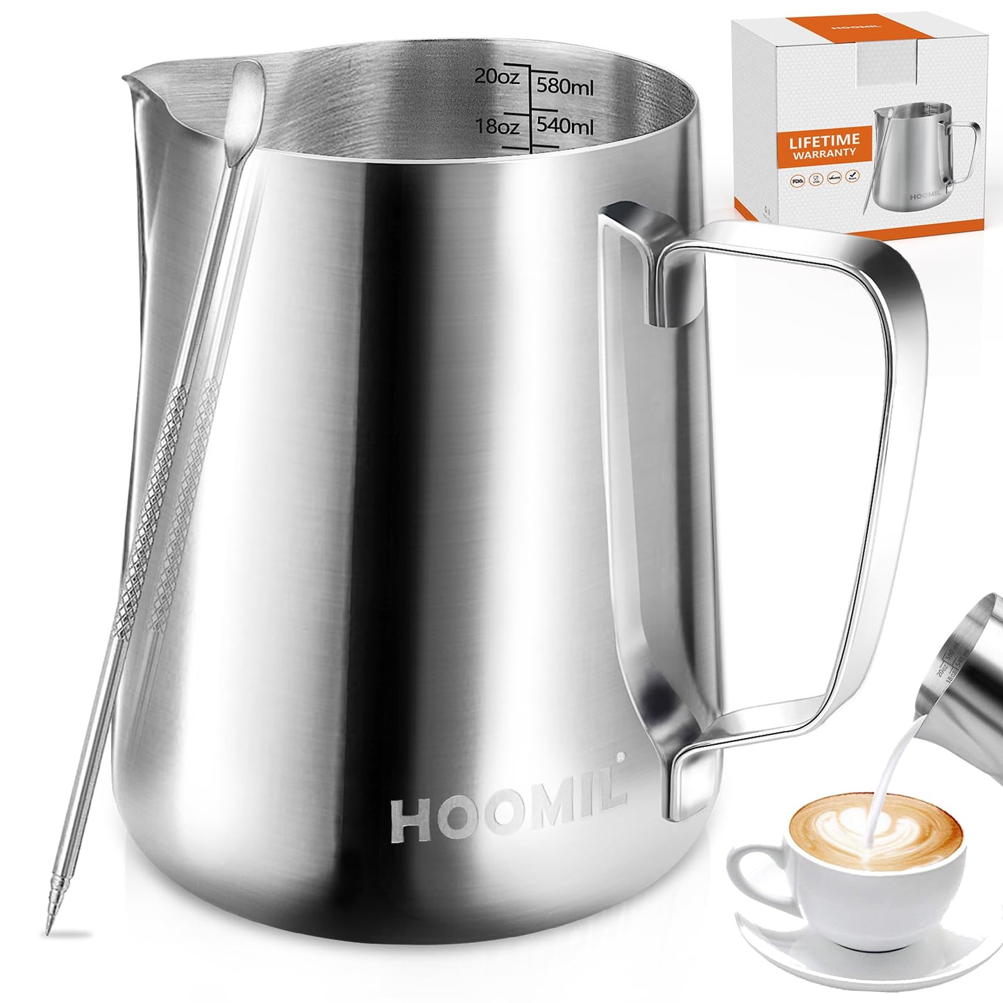 HOOMIL Milk Frothing Pitcher, 32oz, 304 Stainless Steel - Silver