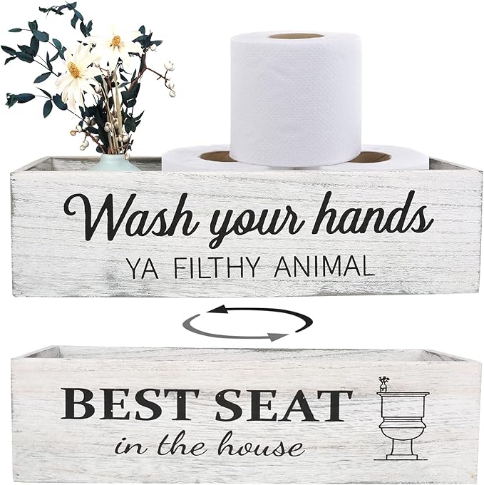 Bathroom Decor Box, Toilet Paper Basket With 2 Sides Signs, Farmhouse Tank Topper, Rustic Home Decor for Livingroom Kitchen (One Whitewashed Box)