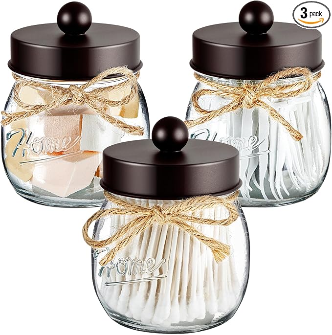 SheeChung 3 Pack Qtip Holder for Bathroom, Cotton Swab Holders, Bathroom Decor, Apothecary Jars with Lids for Cotton Round Pads, Balls, Floss Picks - Bronze