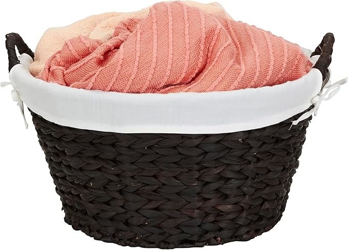 Household Essentials Round Wicker Laundry Basket with Handles, Whimsical Water Hyacinth Basket, Supportive Metal Frame, Removable Polyester Liner, Handwoven, Well-Structured and Versatile, Brown