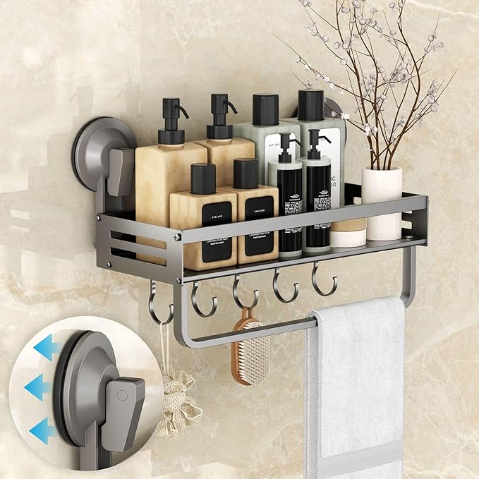 Onemake Shower Caddy Suction Cup, 1 Pack 11.8 inch Aluminum Suction Showers Organizer with Towel Bar & Hooks, Rustproof Shower Shelf, NO-Drilling Bathroom Shelf Storage Rack, Gray