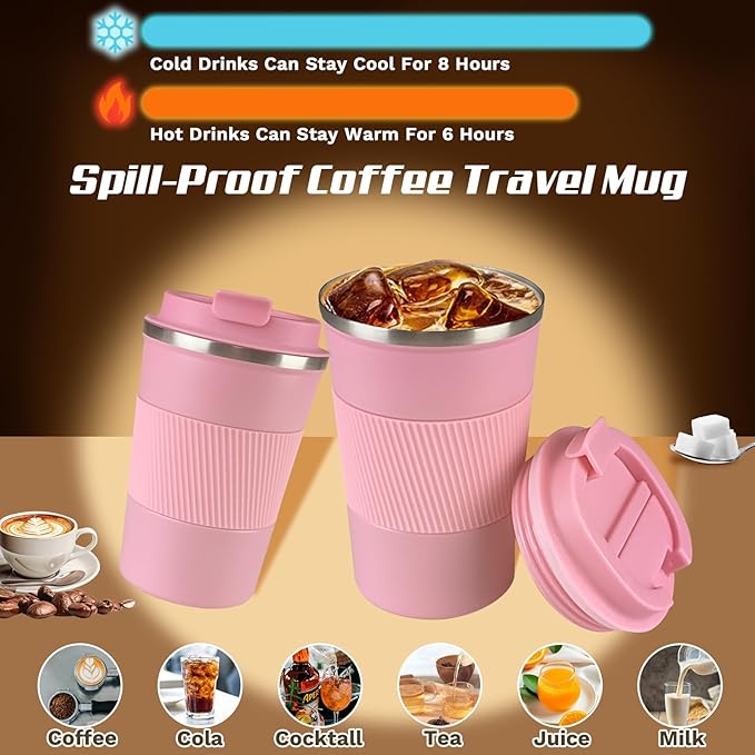 Vacuum-Insulated Stainless Steel Travel Coffee Mug, Leak-Proof Reusable Coffee Cup with Lid - Keep Hot & Cold Drinks for Hours, Durable Insulated Tumbler for Men & Women(3rd-Pink, 12OZ)
