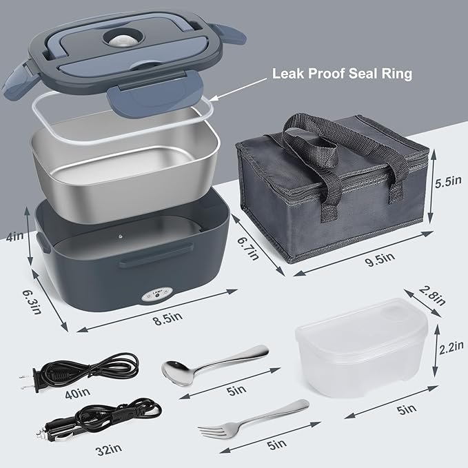 Vabaso Electric Lunch Box Food Heater, Electric Heating Lunch Boxes Lunch for Adults/Men/Car/Truck/Work, 1.5L Removable 304 Stainless Steel Container, 80W, 110V/12V/24V, with Fork & Spoon