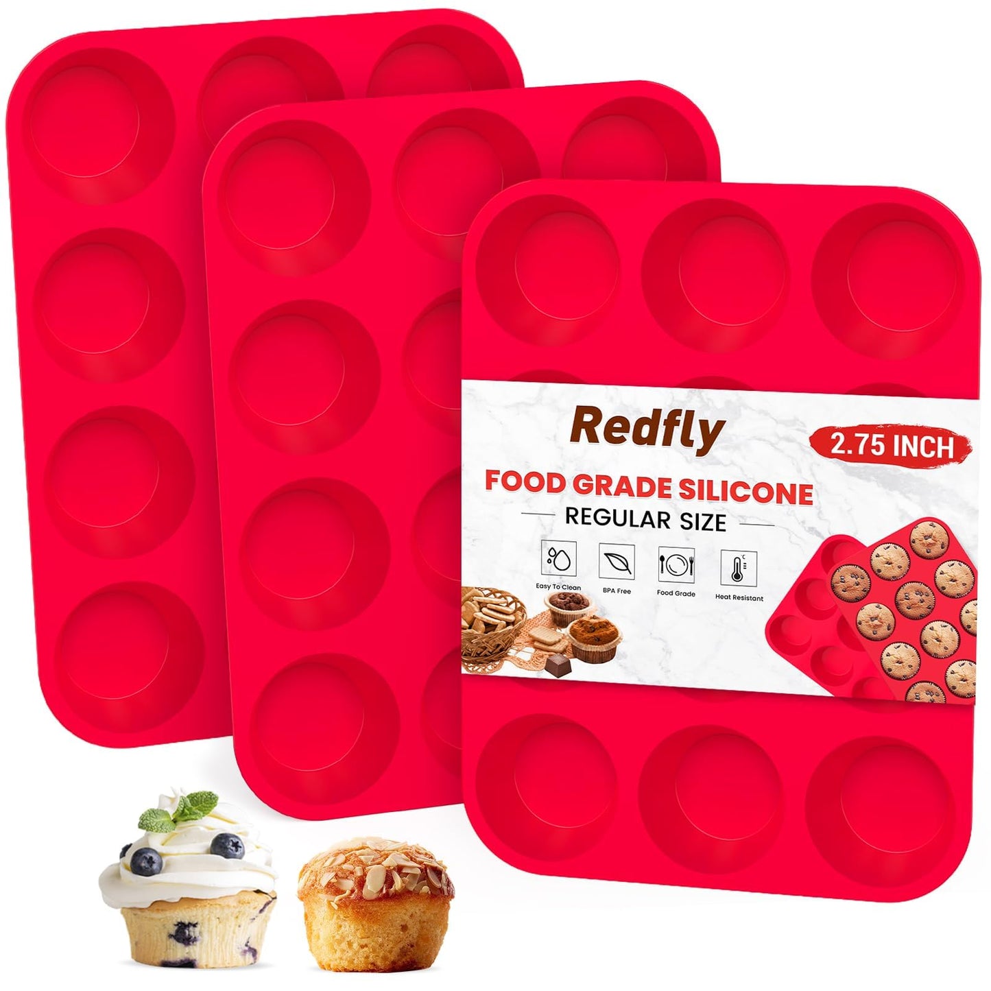 Redfly 2 Pack Silicone Muffin Pans for Baking & Cupcake Pan - 12 Cup Regular Size Silicone Molds, BPA Free Egg Bites Mold