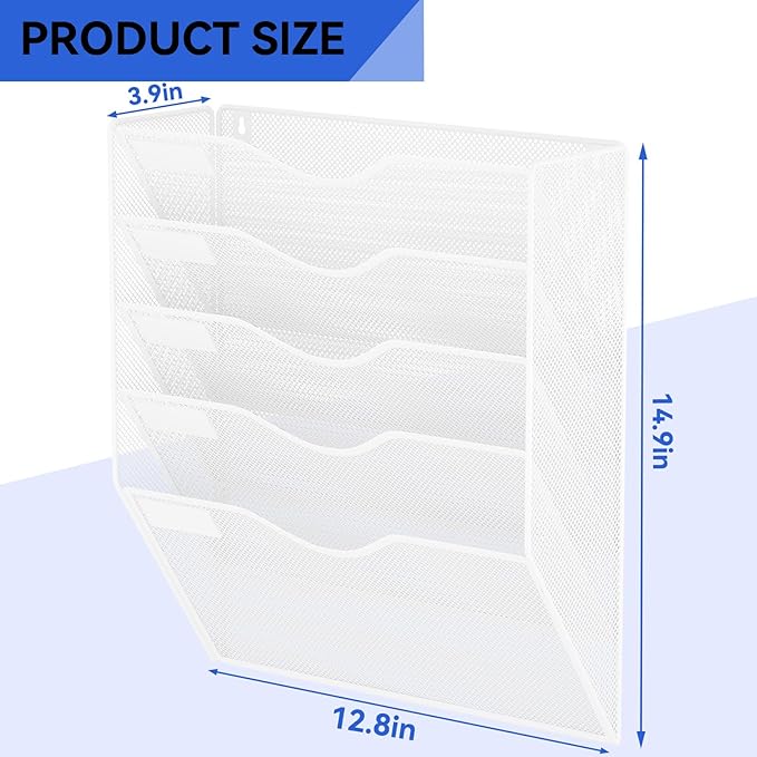 5 Pockets Hanging Wall File Organizer Mail Holder, Wall Mounted Paper Document Folder Holder, Clipboard Storage Organization Magazine Rack, White
