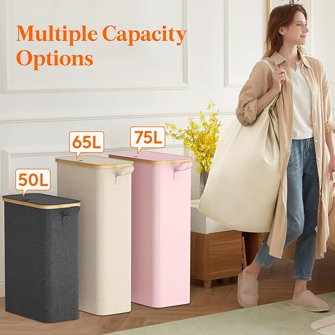 Lifewit 50L Slim Laundry Hamper with Lid, Narrow Laundry Basket with Removable Bag & Bamboo Handles, Fodable Thin Dirty Clothes Hamper for Laundry Collapsible Bin for Bathroom Bedroom Dorm, Dark Gray