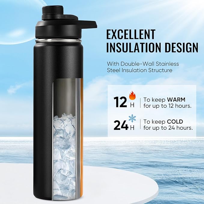 24 oz Insulated Water Bottle with Handle, 304 Stainless Steel Water Bottles with Wide Mouth, Double Wall Vacuum Sports Water Bottle, BPA Free, Keep Cold and Hot, Black | with Handle, Water Bottles, Wide Mouth, Double Wall Vacuum, Sports Water Bottle, B...