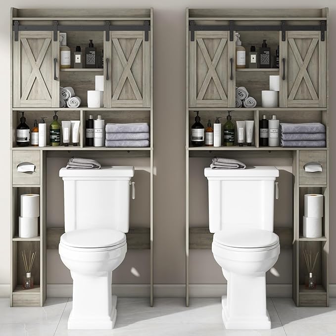 Vabches Over The Toilet Storage Cabinet, Farmhouse Storage Cabinet Over Toilet with Sliding Door& Toilet Paper Holder Stand，Home Space-Saving Toilet Rack, for Bathroom, Restroom, Laundry
