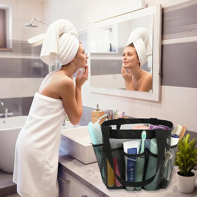 Mesh Shower Caddy Portable for College Dorm Room Essentials, 8-Pocket Large Shower Basket Tote Bag with 2 Handles for Toiletry, Bathroom, Beach, Camp, Gym