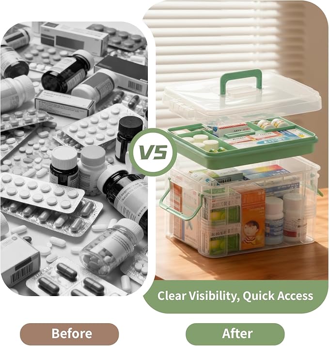 2 Pack Clear Medicine Organizer Storage Box with Tray, Portable Medicine Cabinet with Handle, Plastic First Aid box Empty with pill case for home and travel