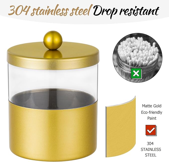 Gaussra Gold Qtip Holder, Apothecary Jars - Stainless Steel Bathroom Jar with Stickers - Farmhouse Decor Qtip Dispenser for Qtips, Cotton Balls, Swabs, Makeup Sponges (2-Pack)