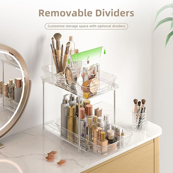 2 Sets of Under Bathroom Sink Organizer, 2-Tier Multi-Purpose Clear Medicine Cabinet Organizer, Pull Out Home Organization Must Haves 2026 with Movable Dividers