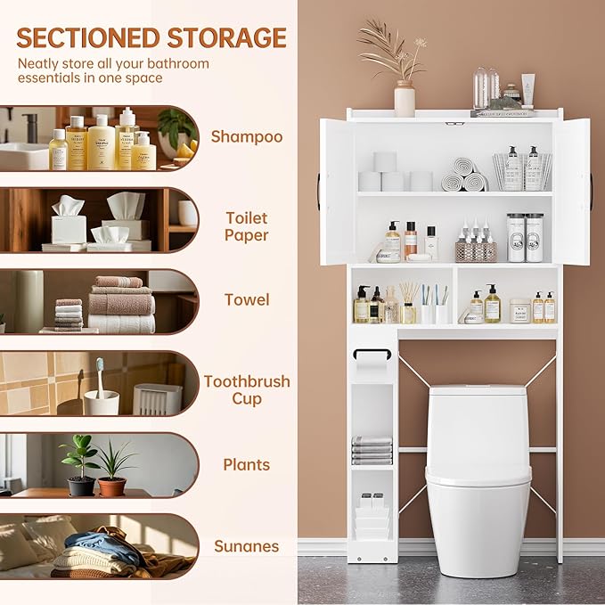 FURSUN 32" Extra Wide Over The Toilet Storage Cabinet, 7-Tier Bathroom Organizer with Metal Frame & Barn Doors, Space-Saving Farmhouse Toilet Shelf with Paper Holder & Adjustable Shelves, White