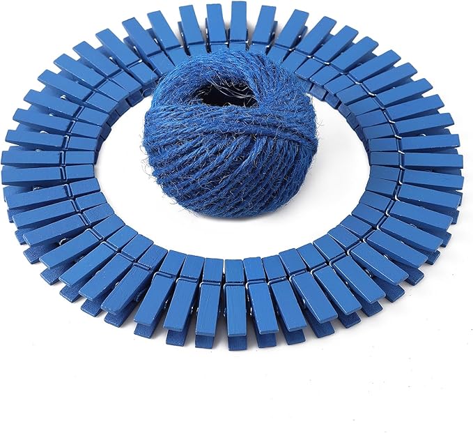 HSTECH 100 Pcs Blue Mini Natural Wooden Clothespins and 82 Ft Jute Twine, Baby Clothes Pins, 1.38in Craft Photo Clips for Home School Arts Crafts Decor, DIY Decoration's, Arts and Crafts, Weddings