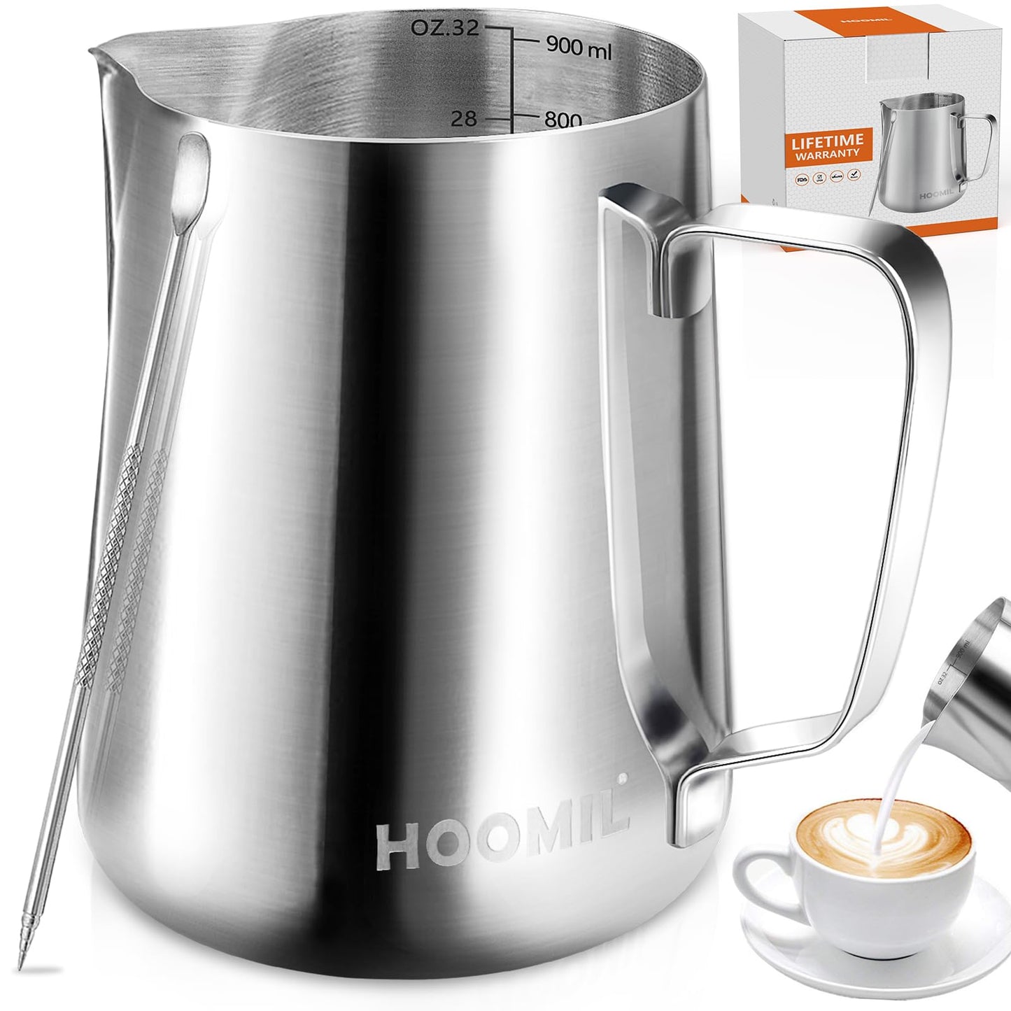 HOOMIL Milk Frothing Pitcher, 32oz, 304 Stainless Steel - Silver
