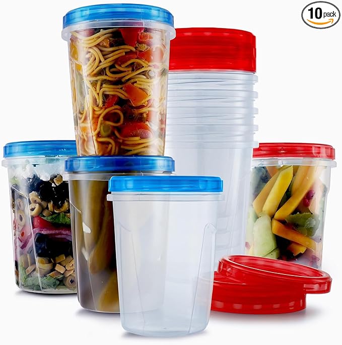 Tafura 10 Pack Leakproof Freezer Containers for Food with Twist Top Lids - 32 Oz BPA Free Reusable Plastic - Blue/Red Lids