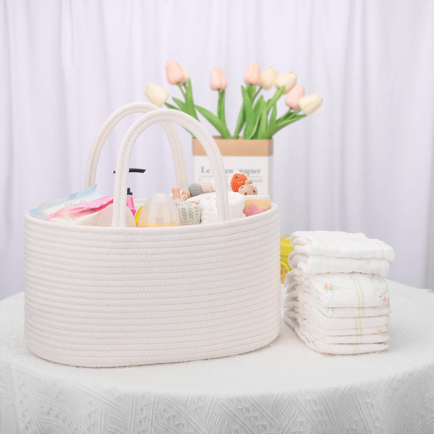 COMSE Baby Diaper Caddy Organizer, Car Caddy, Diaper Change Organizer, Gift Baskets Empty, Portable Tote Bag with Divider, Baby Shower Gifts Newborn Essentials Registry Must Have, White