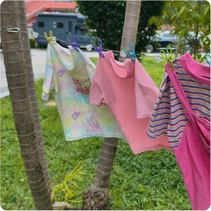 Travel Clothesline Length 9.8Ft with 12 Clothespins, Wire Rope Adjustable Length, Indoor Clothesline, Outdoor Camping Accessories