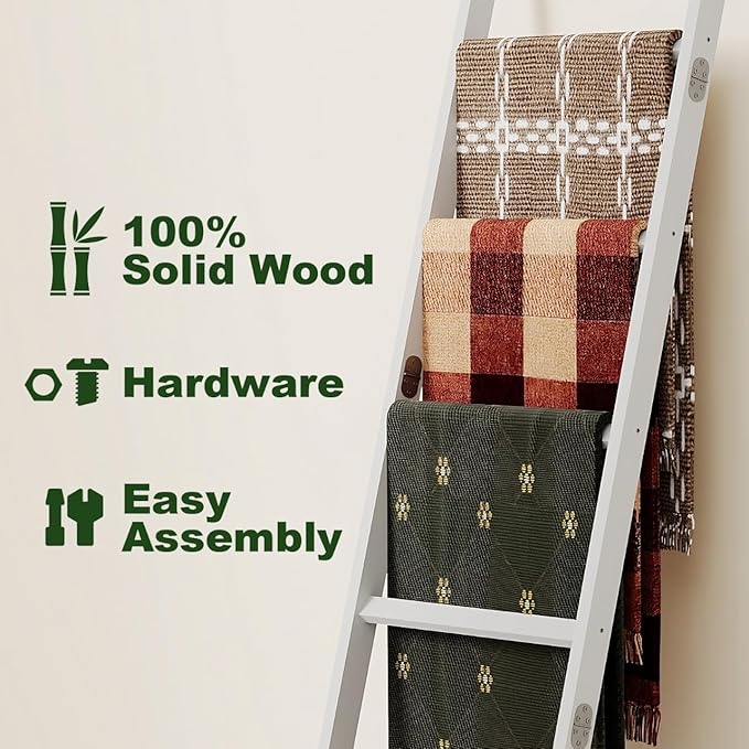 Bamboo Towel Rack 6-Tier Blanket Ladder for Living Room, Bedroom, Bathroom Space-Saving Decorative Ladder for Quilts, Towels and More White