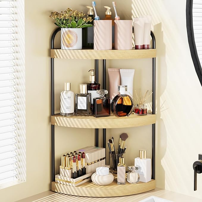 Abiglifty Corner Bathroom Counter Organizer, No Drill 3-Tier Corner Shelf Bathroom Counter, Space-Saving Countertop Organizer, Corner Counter, Vanity Organizers (Wood Grain)