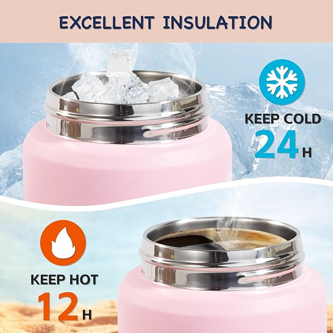 Kerilyn 12oz Kids Water Bottle 2 Pack, Stainless Steel Insulated Water Bottle Bulk, Toddler Cups with Straws Leak-Proof, Kids Water Bottles for School Boys Girls, BPA Free, Blue+Pink 2 Piece Set