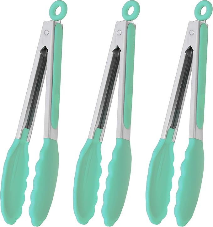 HINMAY Silicone Tipped Tongs 9" Kitchen Cooking Tongs, Set of 3 (Yellow)