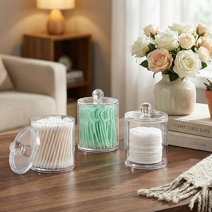 SheeChung Clear Acrylic Qtip Holder with Labels–Shatterproof Plastic Apothecary Jars for Bathroom Organization–Vanity Cotton Swab Holder Canisters for Cotton Balls, Pads, Floss Picks-Minimalist Decor
