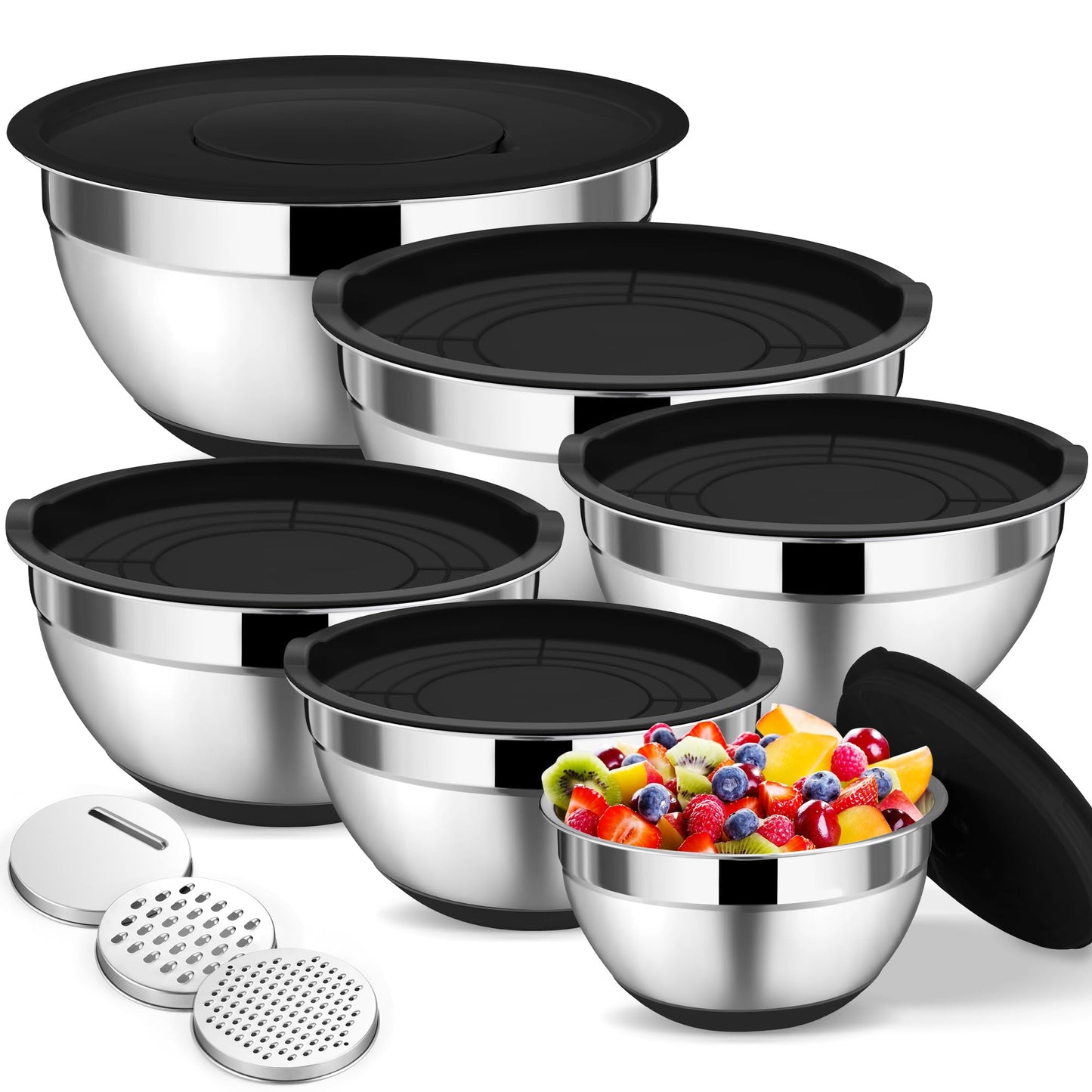 TeamFar Mixing Bowls, Stainless Steel Salad Bowl with Lid & Graters -Blue