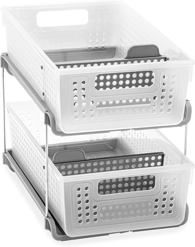madesmart 2 Tier Bath Organizer,Undersink Storage with Sliding Drawers,for Cleaning Supplies,Pantry,Sponges,Bottles&Kitchen Essentials,Adjustable Dividers&Pull Out Sliding Baskets,Frost,(Pack of 2)