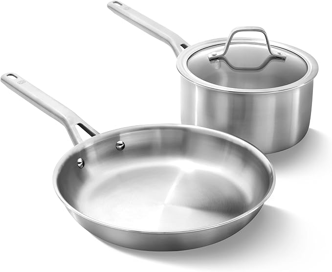 Calphalon Classic Stainless Steel Cookware Set, 10-Piece, Impact-Bonded Aluminum Base, Stay-Cool Handles, Oven Safe 450F, Silver