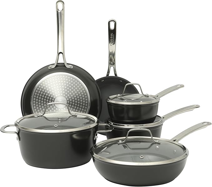 Sur La Table Kitchen Essentials Cool Commune Hard Anodized 10 Piece PFA Free Ceramic Non stick Interior Forged Durable Aluminum Pots and Pans Cookware Set - Blue - Induction Compatible