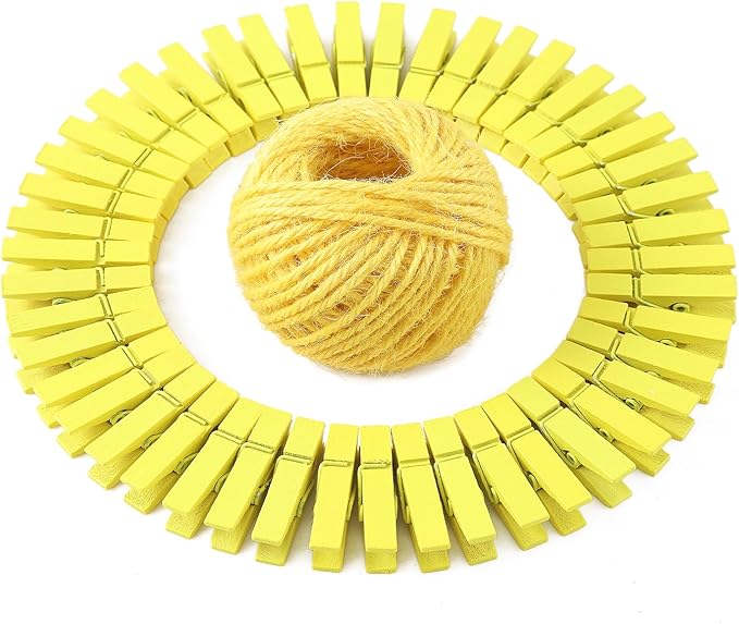 HSTECH 100 Pcs Yellow Mini Natural Wooden Clothespins and 82 Ft Jute Twine, Baby Clothes Pins, 1.38in Craft Photo Clips for Home School Arts Crafts Decor, DIY Decoration's, Arts and Crafts, Weddings