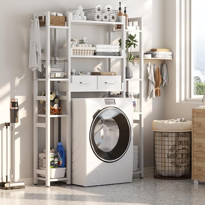 Over The Toilet Storage with 2 Drawers - 11 Tier Bathroom Organizer Freestanding Space Saver Storage Rack with Adjustable Shelf Above Toilet Stand with 4 Hooks for Restroom, Laundry, White
