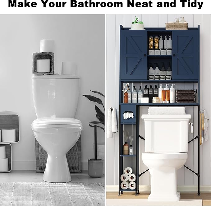 EasyCom Over The Toilet Storage Cabinet with Metal Frame and 7 Storage Shelves, Bathroom Organizer with Adjustable Shelves and Paper Holder, Farmhouse Storage Cabinet for Bathroom, Laundry, Dark Blue