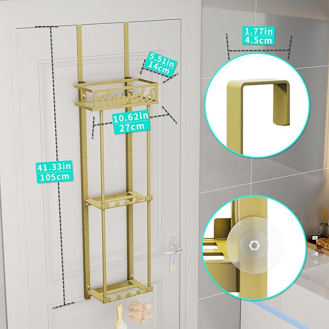 HapiRm Towel Rack Bathroom Storage - 3 Tier Over The Door & Wall Mounted Rolled Towel Racks Holder Organizer with Metal Shelf and 6 Hooks for Small Bathroom, Camper, Rv - Gold