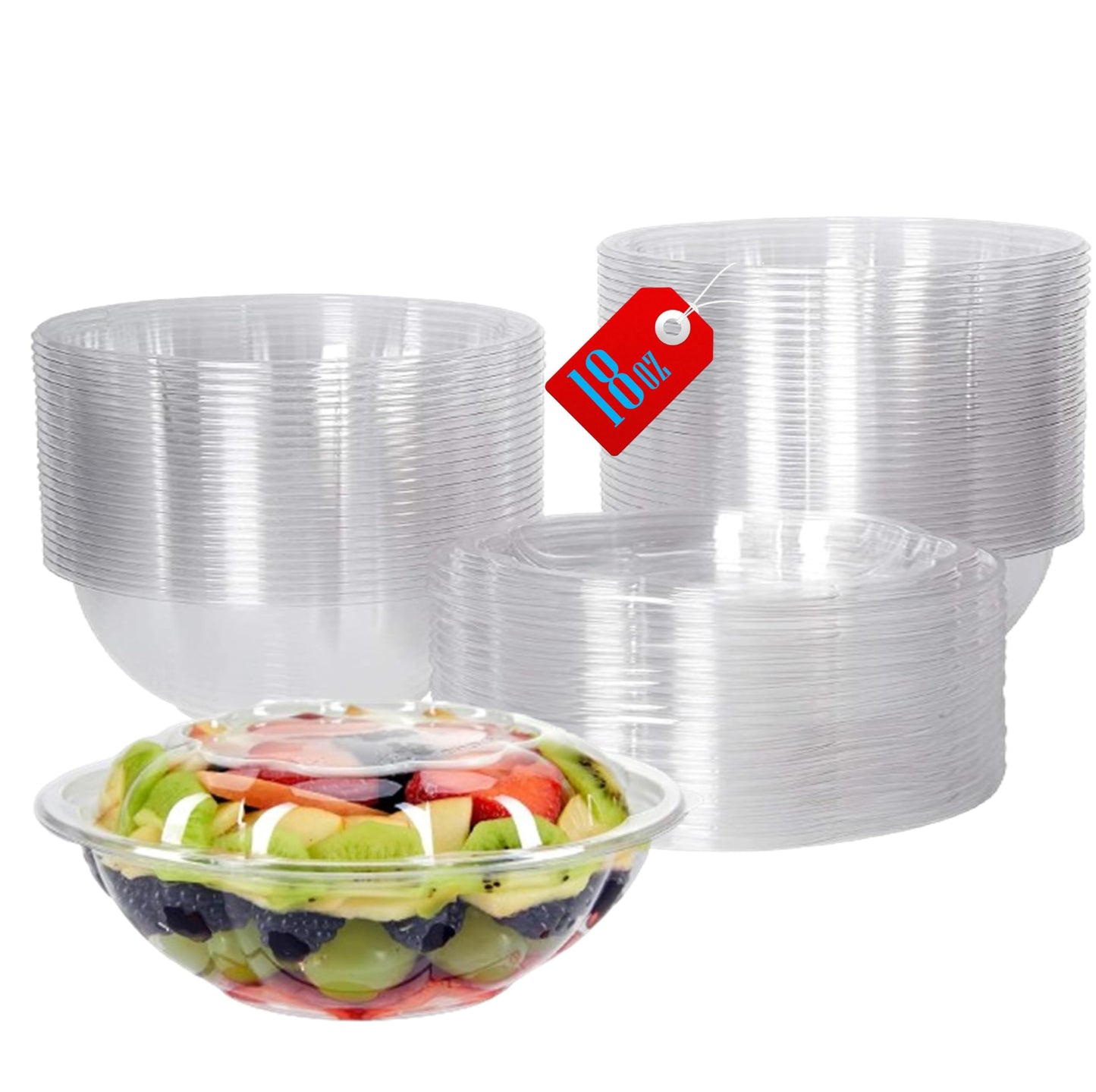 Mr Miracle Clear 18 Ounce Plastic Salad Bowls with Snap-On Lids. Pack 50. Airtight Disposable Salad Containers for Lunch, Meal Prep, Parties. Ideal as Disposable Salad Bowls with Lids