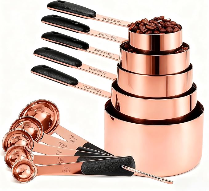 Bopei Measuring Cups and Spoons Set Stainless Steel 10 Piece for Cooking and Baking (5 Cups + 5 Spoons, Colorful Handles)